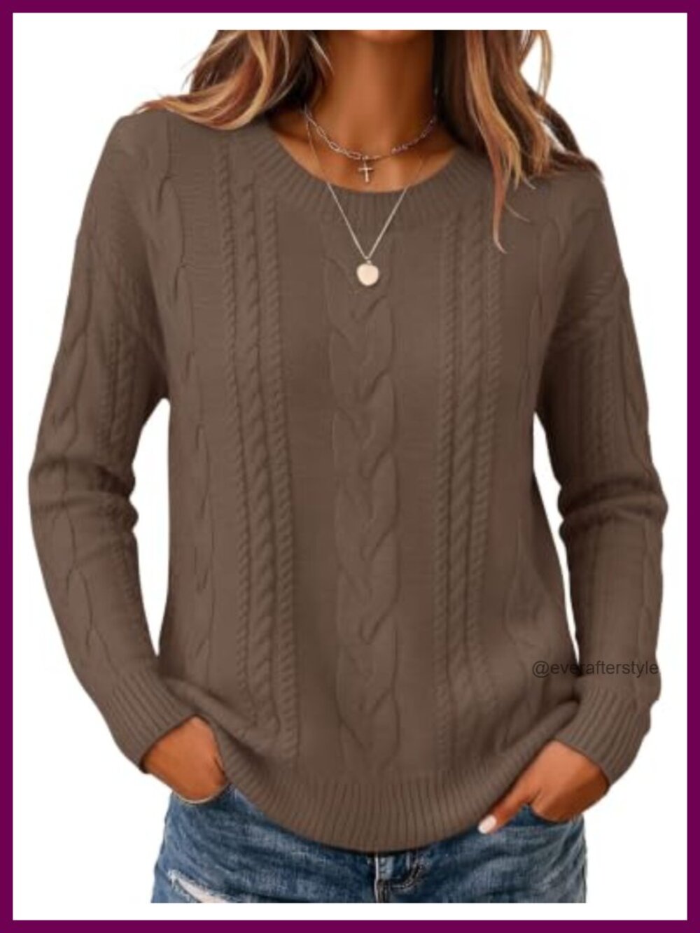 Cable Knit Sweater Loose Fit Chunky Crew Neck Pullover for Women